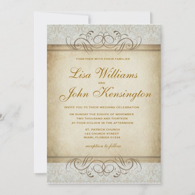 Invitation Vintage Mariage damassé (Devant)
