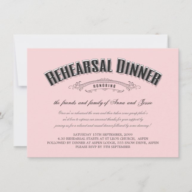 Invitation Vintage Mariage rose doux Dîner de répétition Invi (Devant)