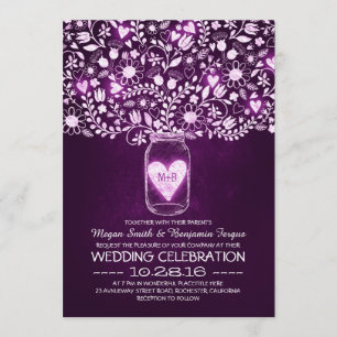 Invitation vintage mason jar fleurs violet mariage invite