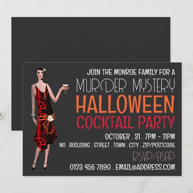 Invitation Vintage Meurtre Mystère Halloween Cocktail Party (Devant / Derrière)