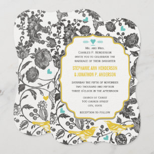 Invitation Vintage Mint Grey Jaune Floral Inséparable Mariage