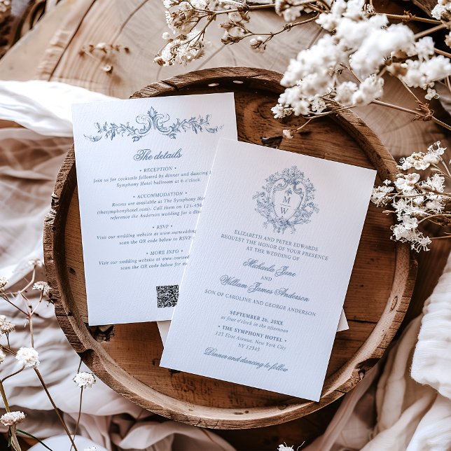 Invitation Vintage Monogramme Crête Code QR Tout En Un Mariag (Créateur téléchargé)