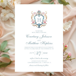 Invitation Vintage Monogramme Floral Crest Mariage
