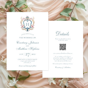 Invitation Vintage Monogramme Floral Crest Tout en un Mariage