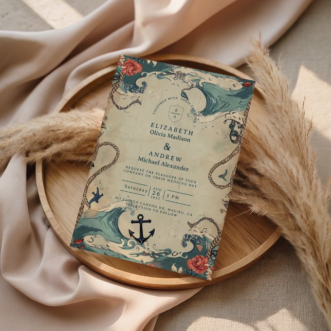 Invitation Vintage Nautical Waves & Rope Wedding (Créateur téléchargé)