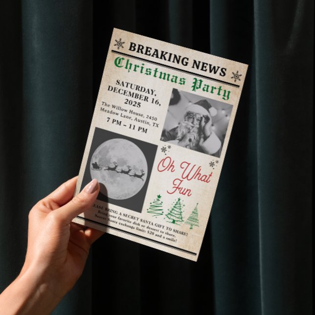 Invitation Vintage Newspaper Tree Christmas Party ( Christmas Invitation adult christmas party friendsmas secret santa jingle and mingle White elephant)
