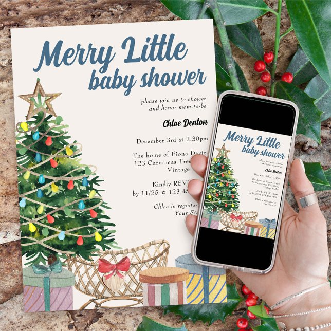 Invitation Vintage Noël Joyeux Petit Baby shower (Merry Little baby shower invitation for the holiday season with crib under the christmas tree)