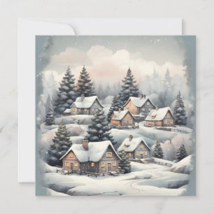 Invitation Vintage Noël merveilleux village dans la forêt