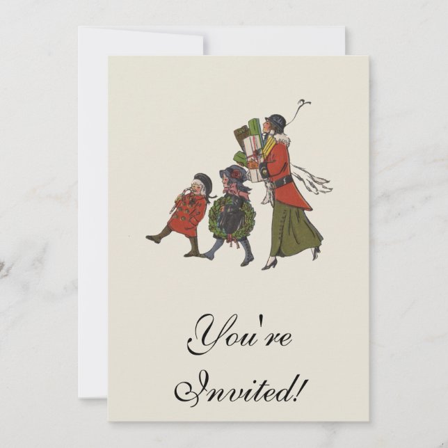 Invitation Vintage Noël Shopping Famille Amusants (Devant)