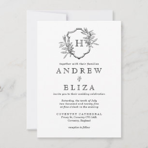 Invitation Vintage noir et blanc Monogramme Olives Mariage