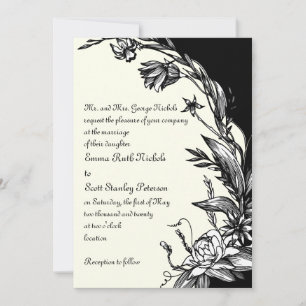 Invitation Vintage noir fleurs blanches ivoire fleurie mariag