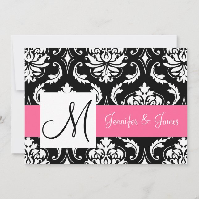 Invitation Vintage noir rose Damas Mariage initial (Devant)