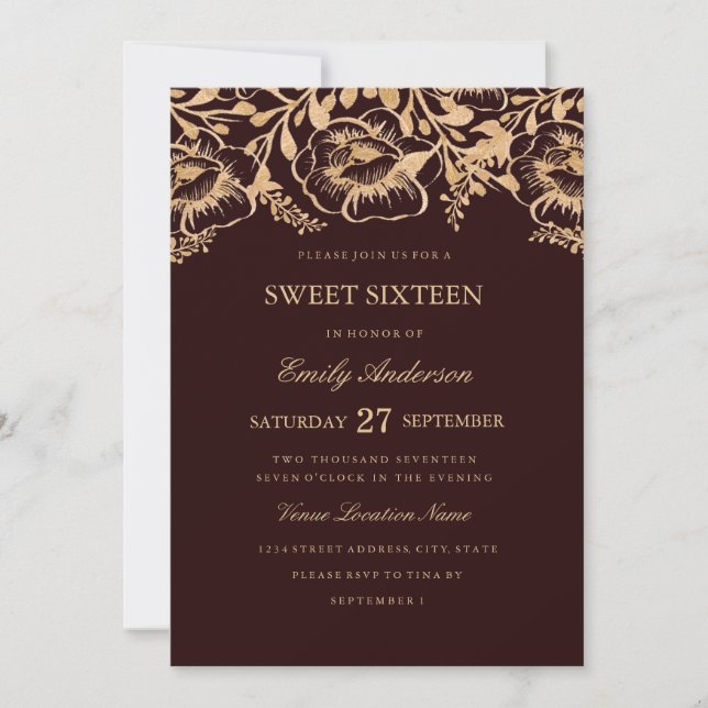 Invitation Vintage or Bourgogne Floral Sweet sixteen (Devant)