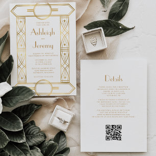 Invitation Vintage or Décor Cadre blanc QR Code Mariage