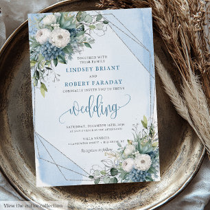 Invitation Vintage Pastel Bleu Blanc Argent Rose Mariage