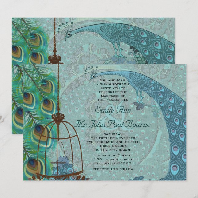 Invitation Vintage Peacock Bird Cage Feather Mariage Inviter (Devant / Derrière)