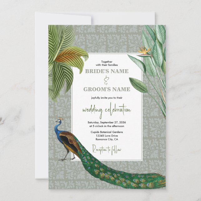 Invitation Vintage Peacock Feather Tropical Greenery Mariage (Devant)