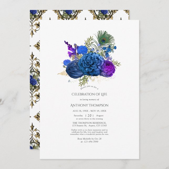 Invitation Vintage Peacock Floral Célébration de la vie (Devant / Derrière)
