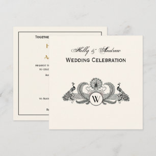 Invitation Vintage Peacocks Monogram Ivory BG