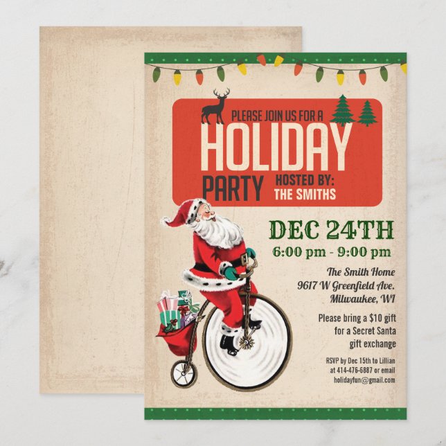 Invitation vintage Père Noël Holiday Party (Devant / Derrière)