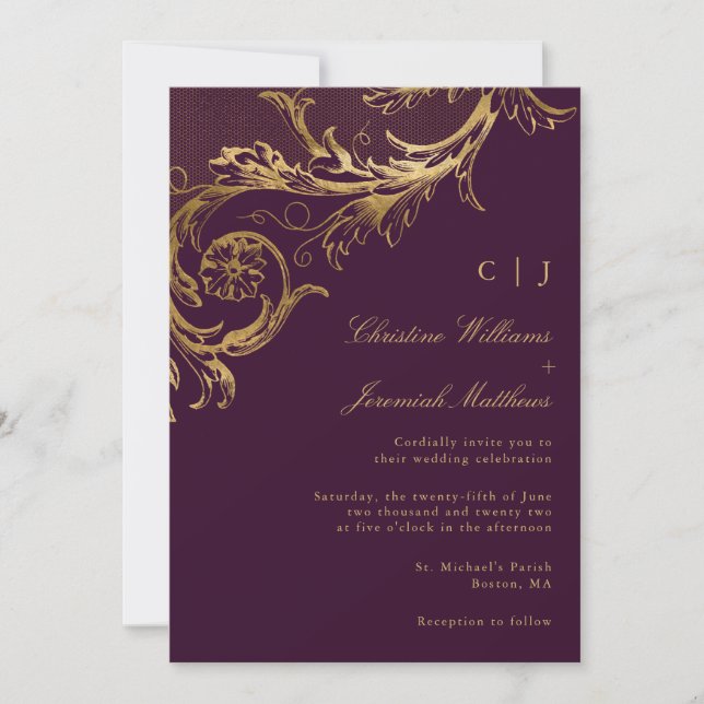 Invitation Vintage Purple Gold Floral Mariage damassé (Devant)