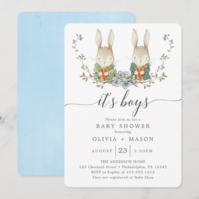 Invitation Vintage Rabbit Botanique Baby shower Bleu (Devant / Derrière)