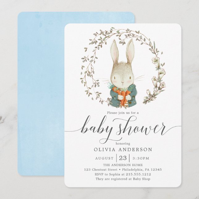 Invitation Vintage Rabbit Botanique Blue Boy Baby shower (Devant / Derrière)