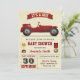 Invitation vintage Red Race Car Baby shower (Debout devant)