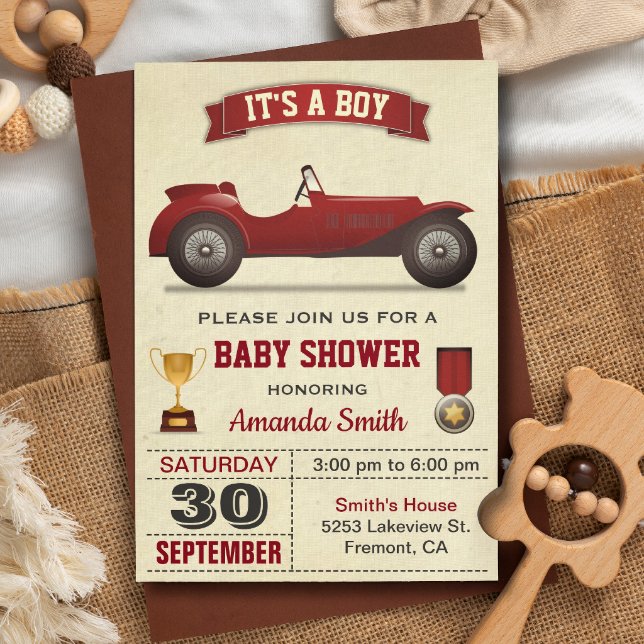 Invitation vintage Red Race Car Baby shower (Créateur téléchargé)