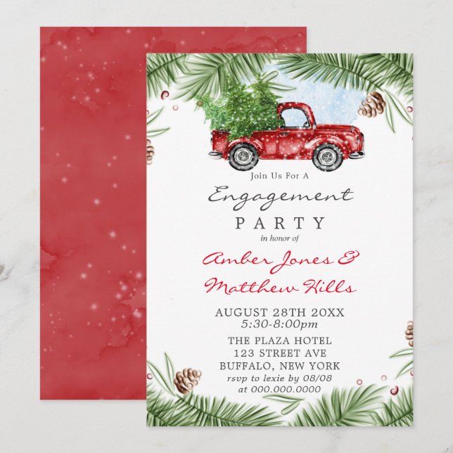 Invitation Vintage Red Truck Snow Engagement (Devant / Derrière)