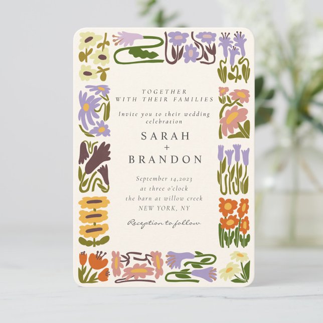 Invitation Vintage Retro coloré Mariage floral (Créateur téléchargé)