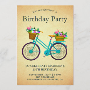 Invitation Vintage Retro Turquoise Floral Bicyclette fête d'a