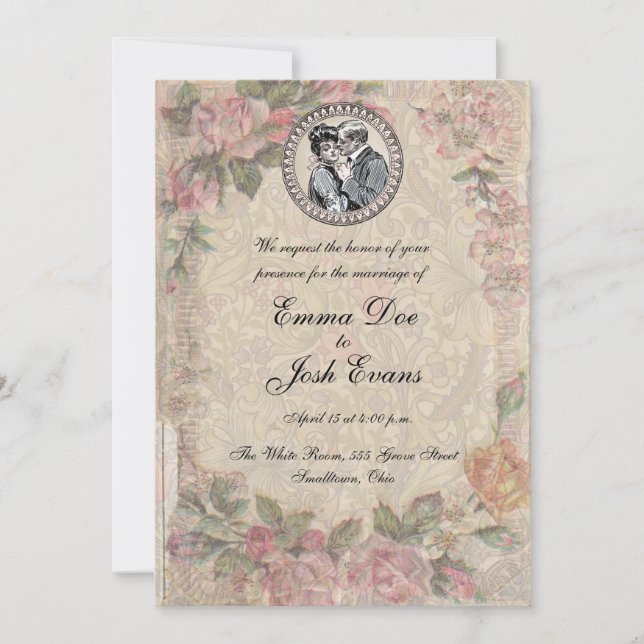 Invitation Vintage Romance Couple Antique Rose Mariage (Devant)