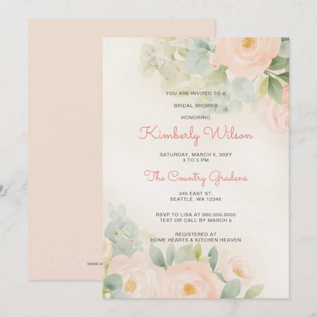 Invitation Vintage Romantique Blush Fête des mariées florale (Devant / Derrière)