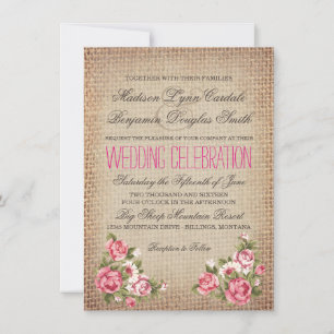 Invitation Vintage rose Roses Rustique Burlap Mariage Invite