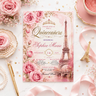 Invitation Vintage Roses Roses Tour Eiffel Quinceañera