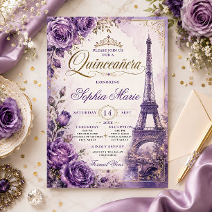 Invitation Vintage Roses Violettes Eiffel Tower Quinceañera