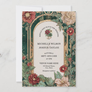 Invitation Vintage Rouge Emeraude Cadre Floral Art Nouveau