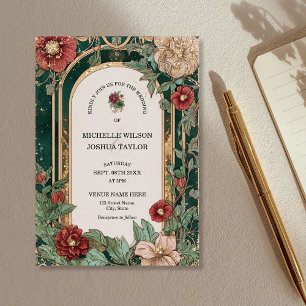 Invitation Vintage Rouge Emeraude Cadre Floral Art Nouveau