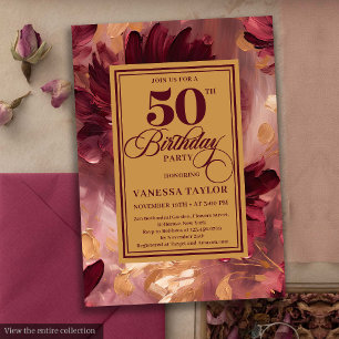 Invitation Vintage rouge vif rouge or floral 50e anniversaire