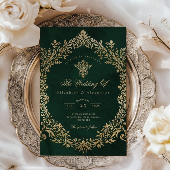 Invitation Vintage Royal Emerald Gold Mariage (Créateur téléchargé)