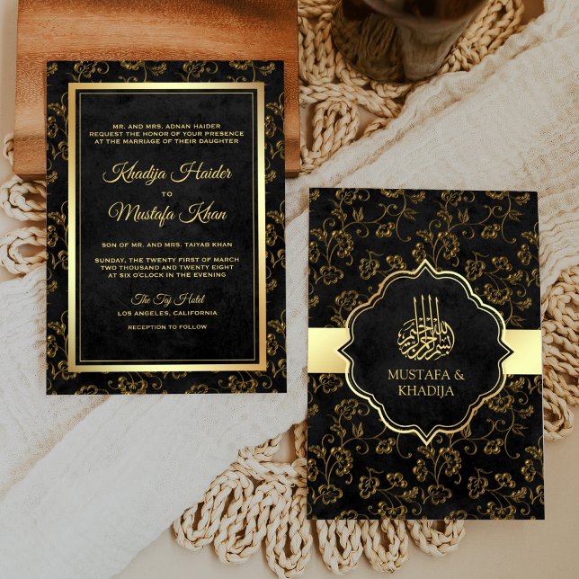 Invitation Vintage Russe Black Gold Filigree Mariage musulman (Créateur téléchargé)