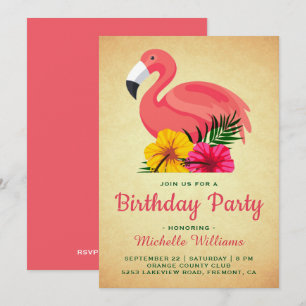 Invitation Vintage Rustic Floral Flamant rose fête d'annivers