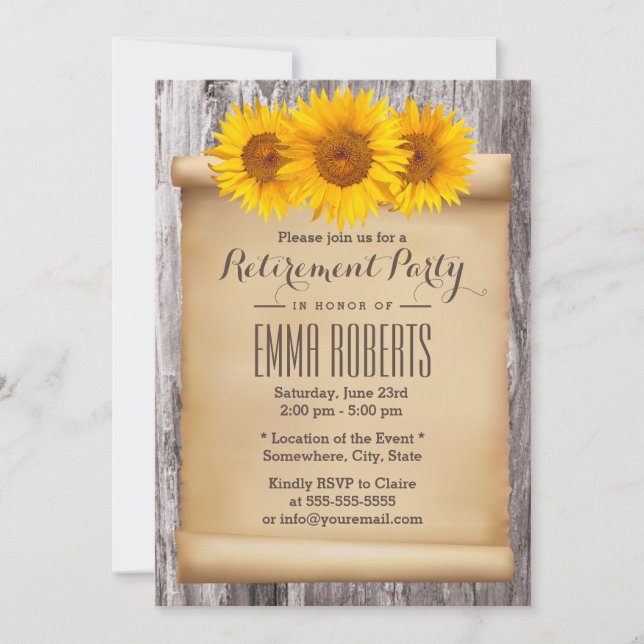 Invitation Vintage Rustic Sunflower Parti de retraite en bois (Devant)