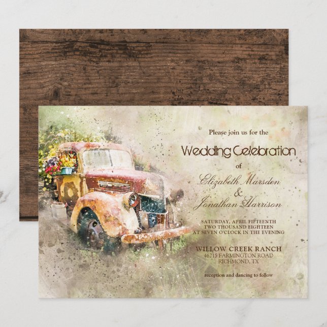 Invitation Vintage Rustic Truck Trendy Mariage (Devant / Derrière)