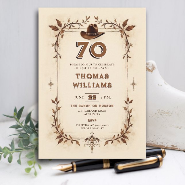 Invitation Vintage Rustic Western Vines Cowboy 70th Birthday  (cowboy birthday invitation men 70th rustic vintage classy country western husband dad grandpa)