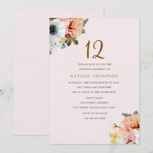 Invitation Vintage Rustique Pêche Floral 12e anniversaire Inv