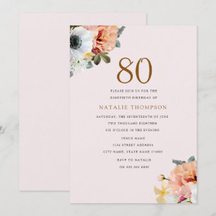 Invitation Vintage Rustique Pêche Floral 80e anniversaire Inv