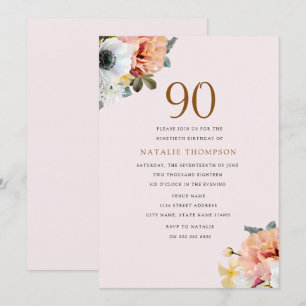 Invitation Vintage Rustique Pêche Floral 90e anniversaire Inv