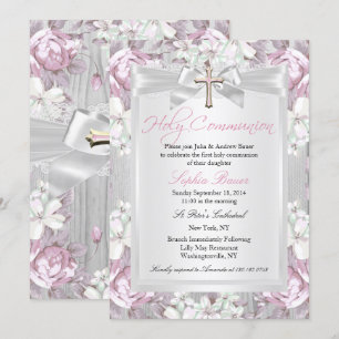 Invitation Vintage Rustique première communion rose